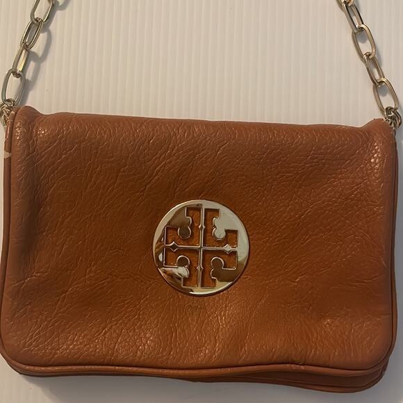Tory Burch Brown leather Reva flap Clutch with gold chain strap - Picture 2 of 14